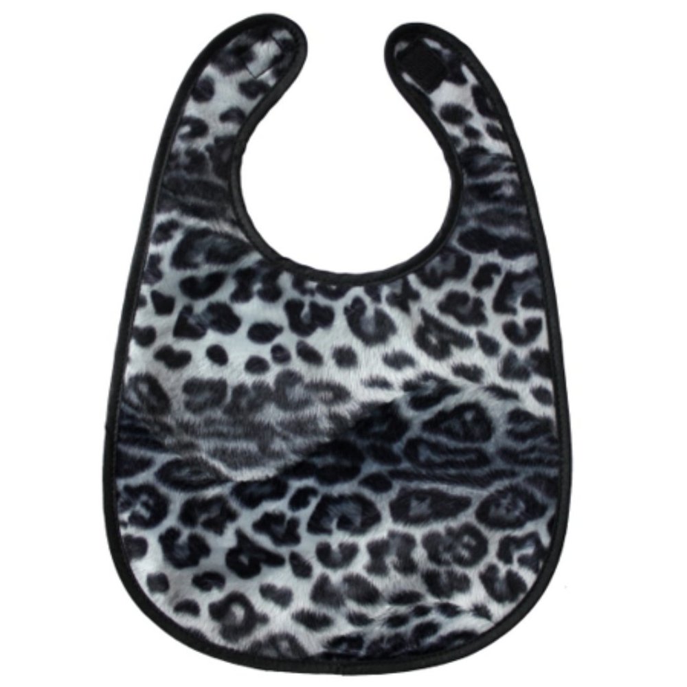 Gray & Black Leopard Print Faux Fur Vinyl Baby Bib Punk Rock Animal Retro Funky